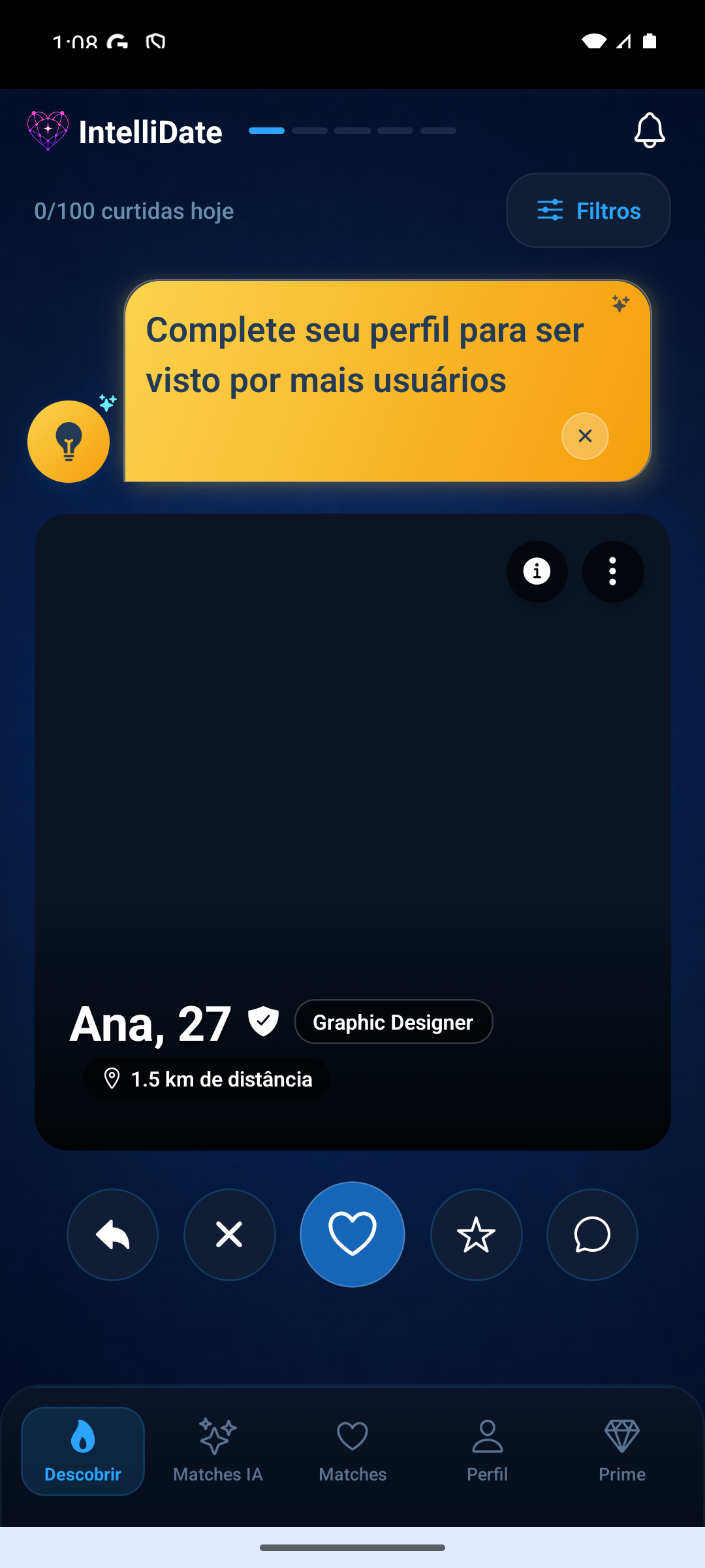 Tela Descobrir do IntelliDate mostrando perfis próximos