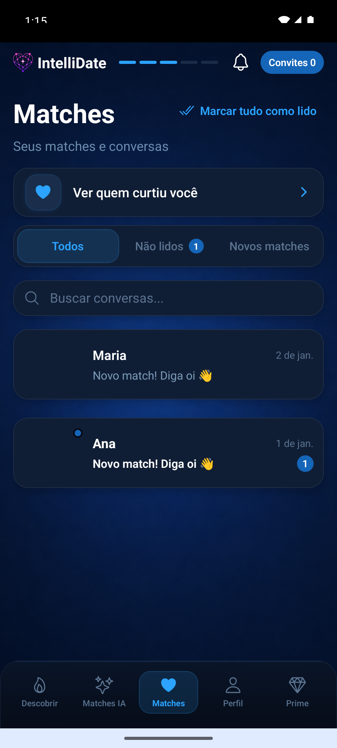 Lista de matches e conversas no IntelliDate